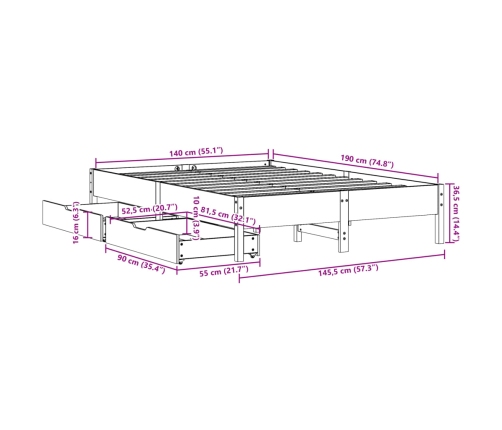 Estructura de cama sin colchón madera de pino blanca 140x190 cm