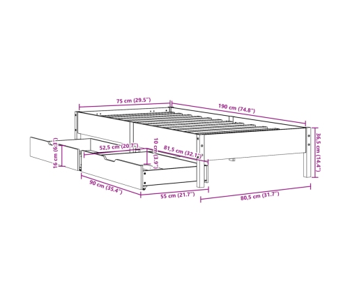 Estructura de cama sin colchón madera maciza pino 75x190 cm