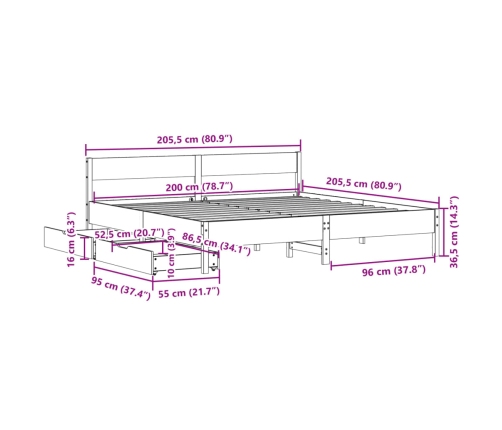 Cama sin colchón madera maciza de pino marrón cera 200x200 cm