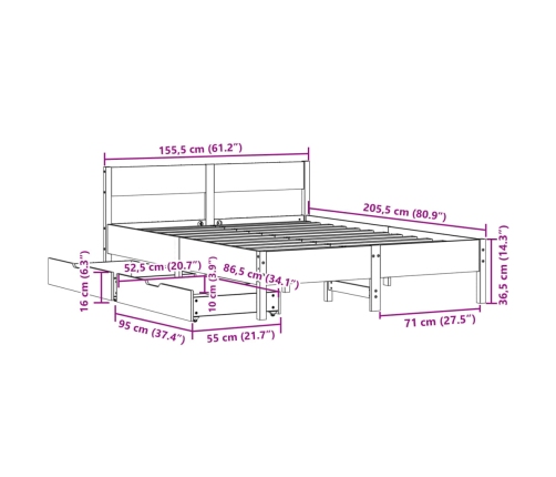 Cama sin colchón madera maciza pino marrón cera 150x200 cm