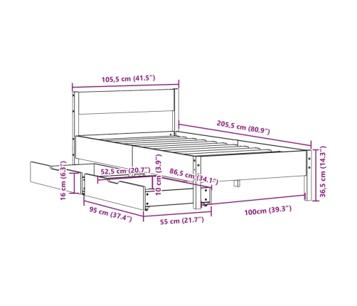 Cama sin colchón madera maciza de pino marrón cera 100x200 cm