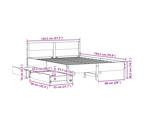 Estructura de cama sin colchón madera maciza de pino 140x190 cm