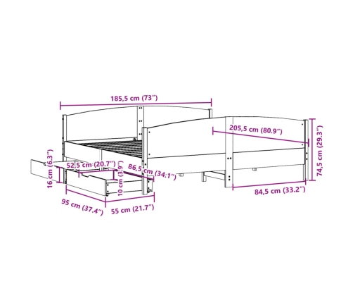 Estructura de cama sin colchón madera maciza de pino 180x200 cm