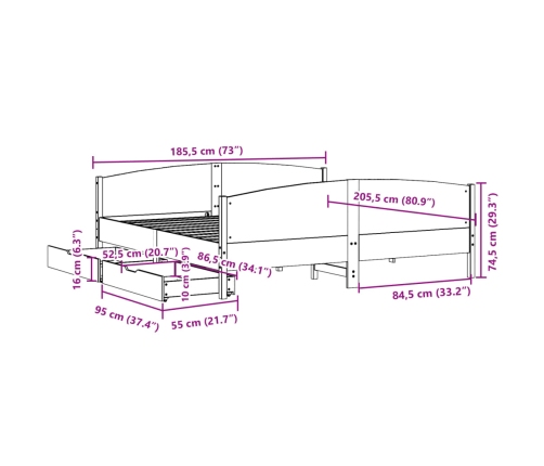 Cama sin colchón madera maciza de pino marrón cera 180x200 cm