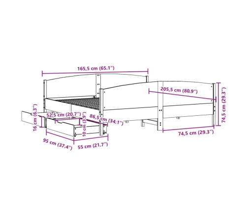 Estructura de cama sin colchón madera maciza de pino 160x200 cm