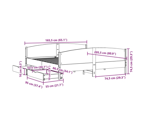 Cama sin colchón madera maciza de pino marrón cera 160x200 cm