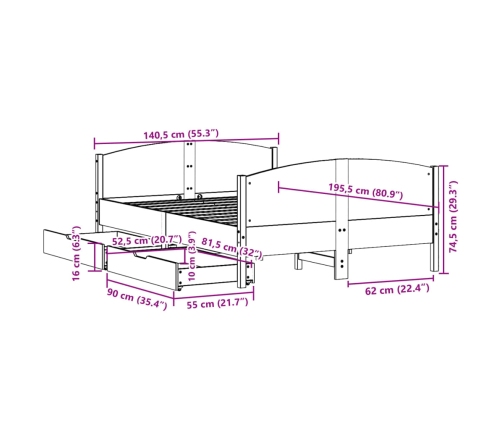 Estructura de cama sin colchón madera maciza de pino 135x190 cm