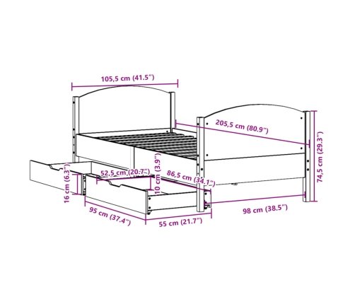 Estructura de cama sin colchón madera maciza de pino 100x200 cm