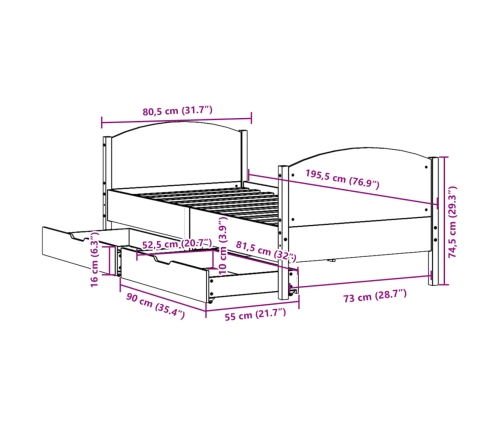 Estructura de cama sin colchón madera maciza pino 75x190 cm