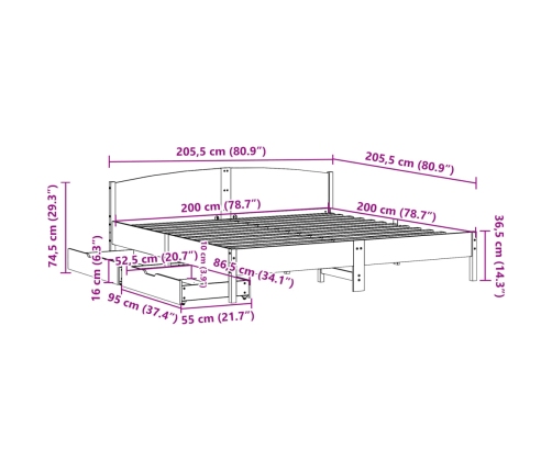 Estructura de cama sin colchón madera maciza de pino 200x200 cm