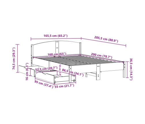 Estructura de cama sin colchón madera maciza de pino 160x200 cm