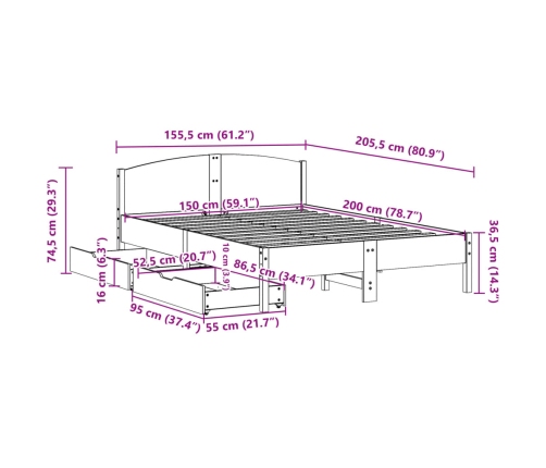 Cama sin colchón madera maciza pino marrón cera 150x200 cm