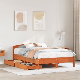 Cama sin colchón madera maciza pino marrón cera 150x200 cm