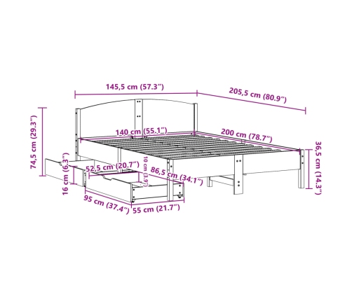 Cama sin colchón madera maciza de pino marrón cera 140x200 cm