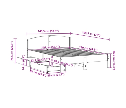 Estructura de cama sin colchón madera de pino blanca 140x190 cm