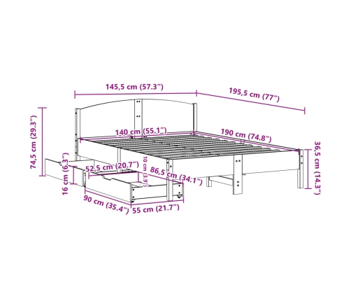 Cama sin colchón madera maciza de pino marrón cera 140x190 cm