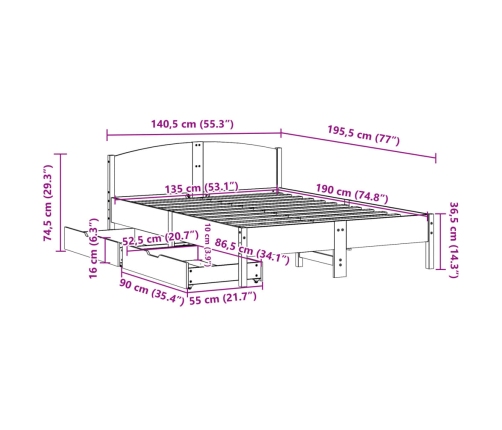 Estructura de cama sin colchón madera maciza de pino 135x190 cm