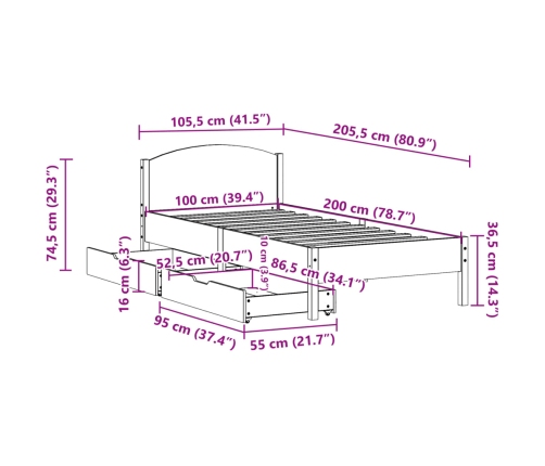 Estructura cama sin colchón madera maciza pino blanca 100x200cm