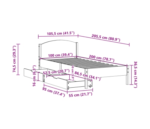 Cama sin colchón madera maciza de pino marrón cera 100x200 cm