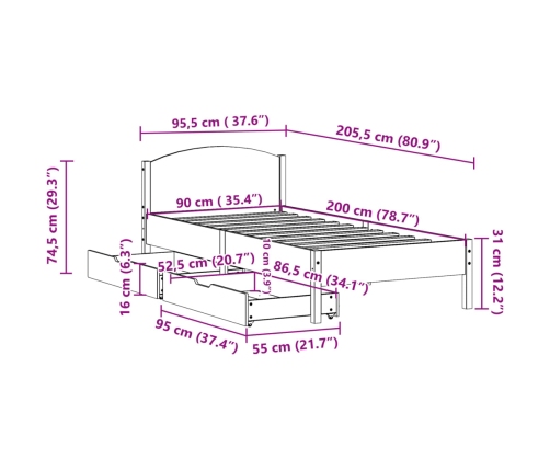 Estructura de cama sin colchón madera de pino marrón 90x200 cm