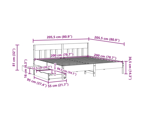 Cama sin colchón madera maciza de pino marrón cera 200x200 cm