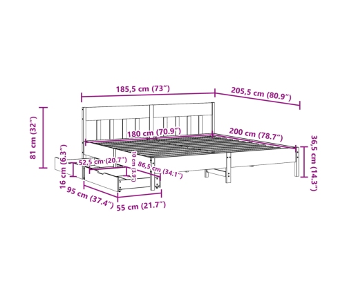 Estructura de cama sin colchón madera maciza de pino 180x200 cm