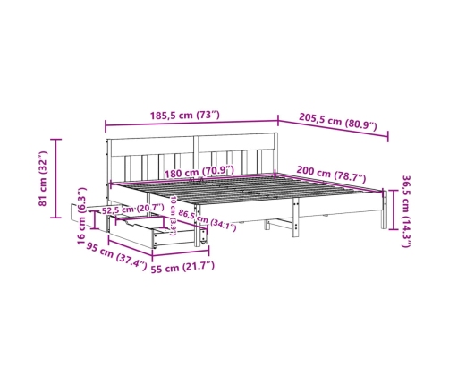 Cama sin colchón madera maciza de pino marrón cera 180x200 cm