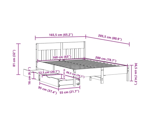 Estructura de cama sin colchón madera maciza de pino 160x200 cm