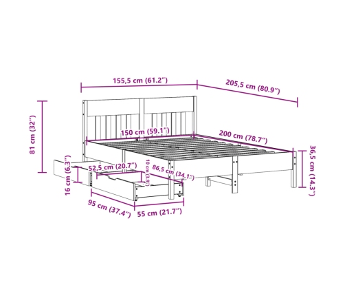 Estructura de cama sin colchón madera de pino blanco 150x200 cm