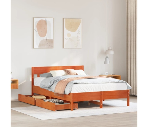 Cama sin colchón madera maciza de pino marrón cera 140x200 cm