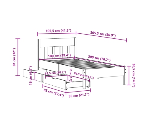 Estructura de cama sin colchón madera maciza de pino 100x200 cm