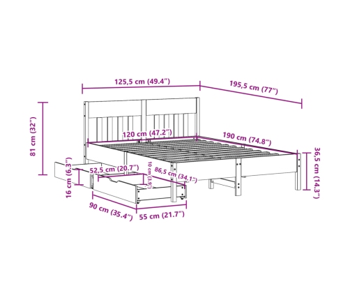 Estructura de cama sin colchón madera maciza blanca 120x190 cm