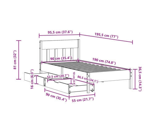 Estructura de cama sin colchón madera maciza blanca 90x190 cm