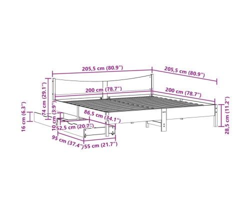 Estructura de cama con cajones madera maciza de pino 200x200 cm