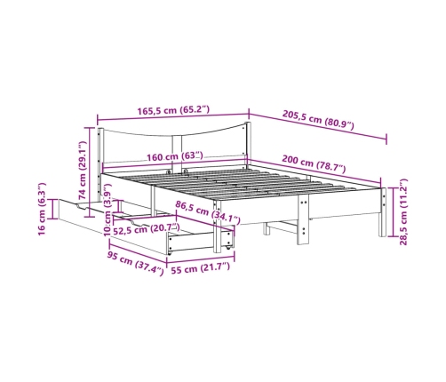 Estructura de cama con cajones madera maciza de pino 160x200 cm