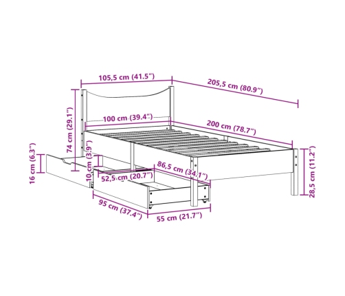 Estructura cama con cajones madera maciza pino marrón 100x200cm