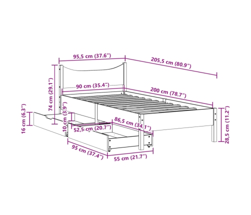 Estructura cama con cajones madera maciza pino blanco 90x200 cm