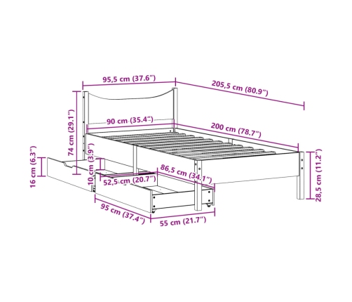 Estructura cama con cajones madera maciza pino marrón 90x200 cm