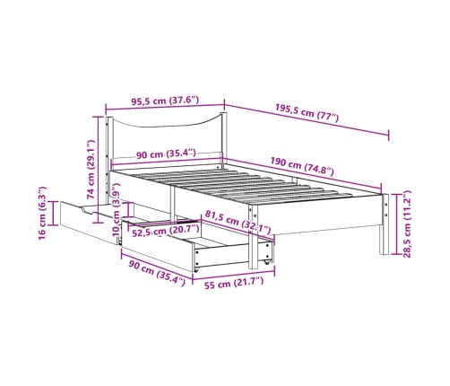 Estructura cama con cajones madera maciza pino blanca 90x190 cm