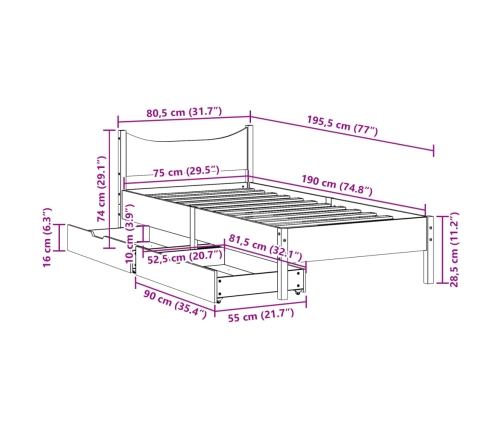 Estructura de cama con cajones madera maciza pino 75x190 cm