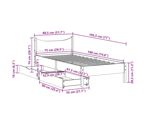 Estructura de cama con cajones madera de pino marrón 75x190 cm