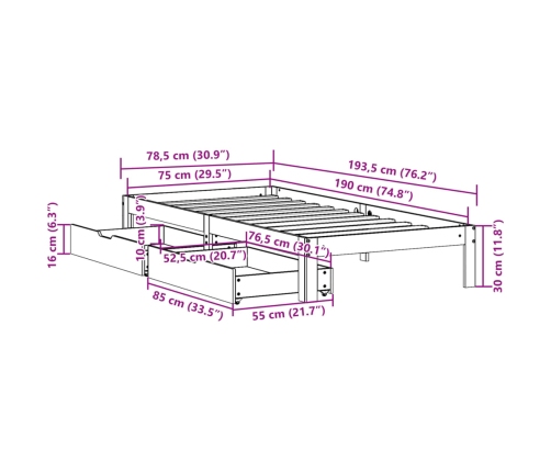 Estructura de cama con cajones madera maciza pino 75x190 cm