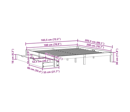 Estructura de cama con cajones madera maciza de pino 180x200 cm