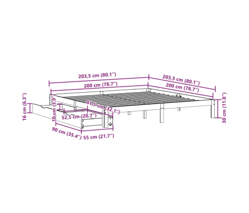 Estructura de cama con cajones madera maciza de pino 200x200 cm