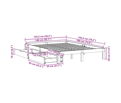 Estructura cama con cajones madera pino marrón cera 140x190 cm
