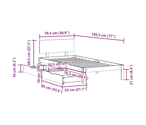 Estructura cama con cajones madera maciza pino blanco 75x190 cm