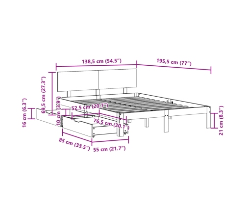 Estructura de cama con cajones madera maciza de pino 135x190 cm