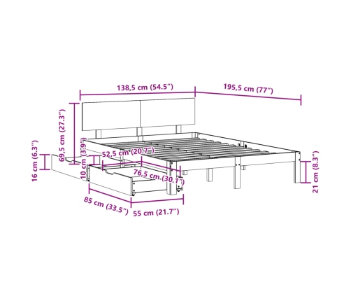 Estructura de cama con cajones madera de pino blanca 135x190 cm