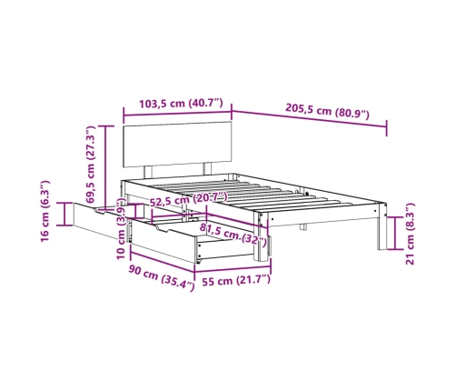 Estructura cama con cajones madera maciza pino 100x200 cm