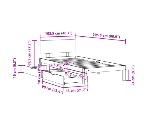 Estructura cama con cajones madera maciza pino blanco 100x200cm